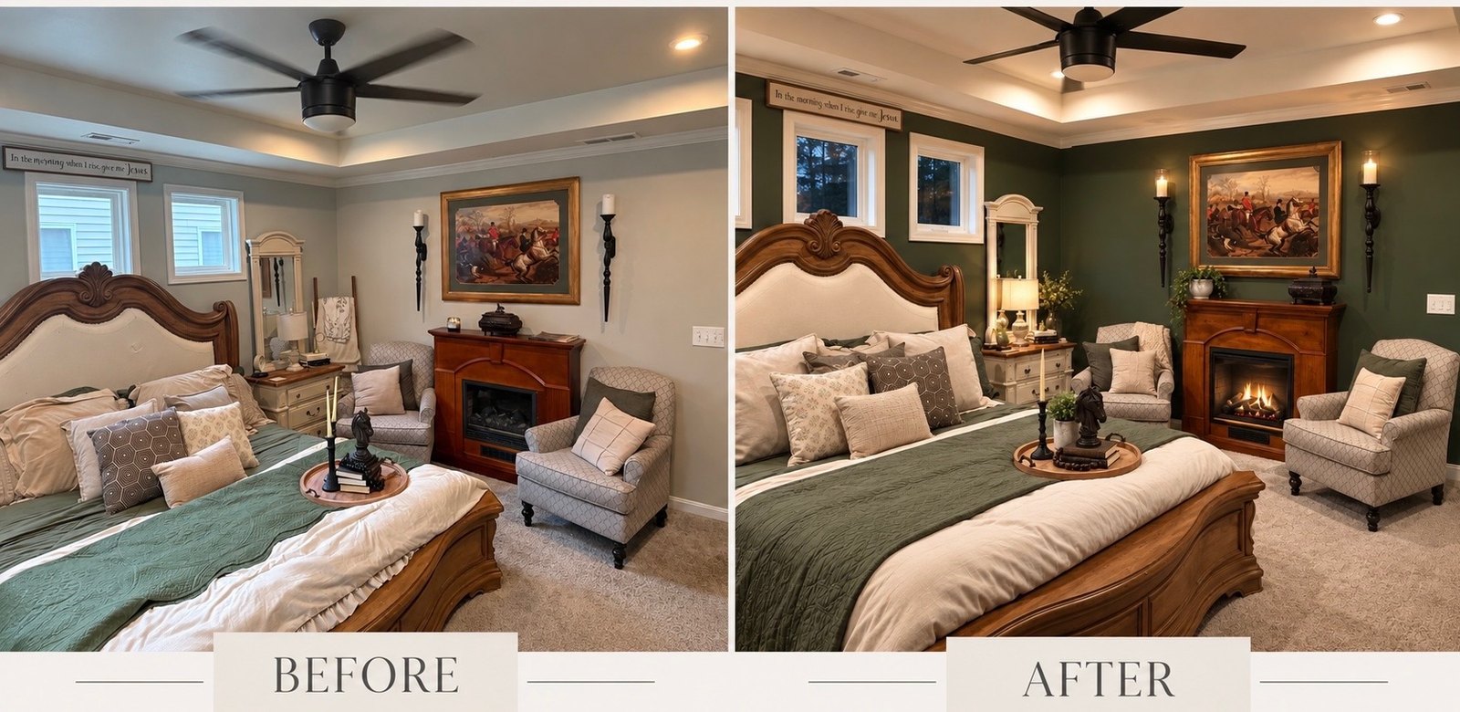 Second angle of the primary bedroom before and after, showing the fireplace wall in deep green