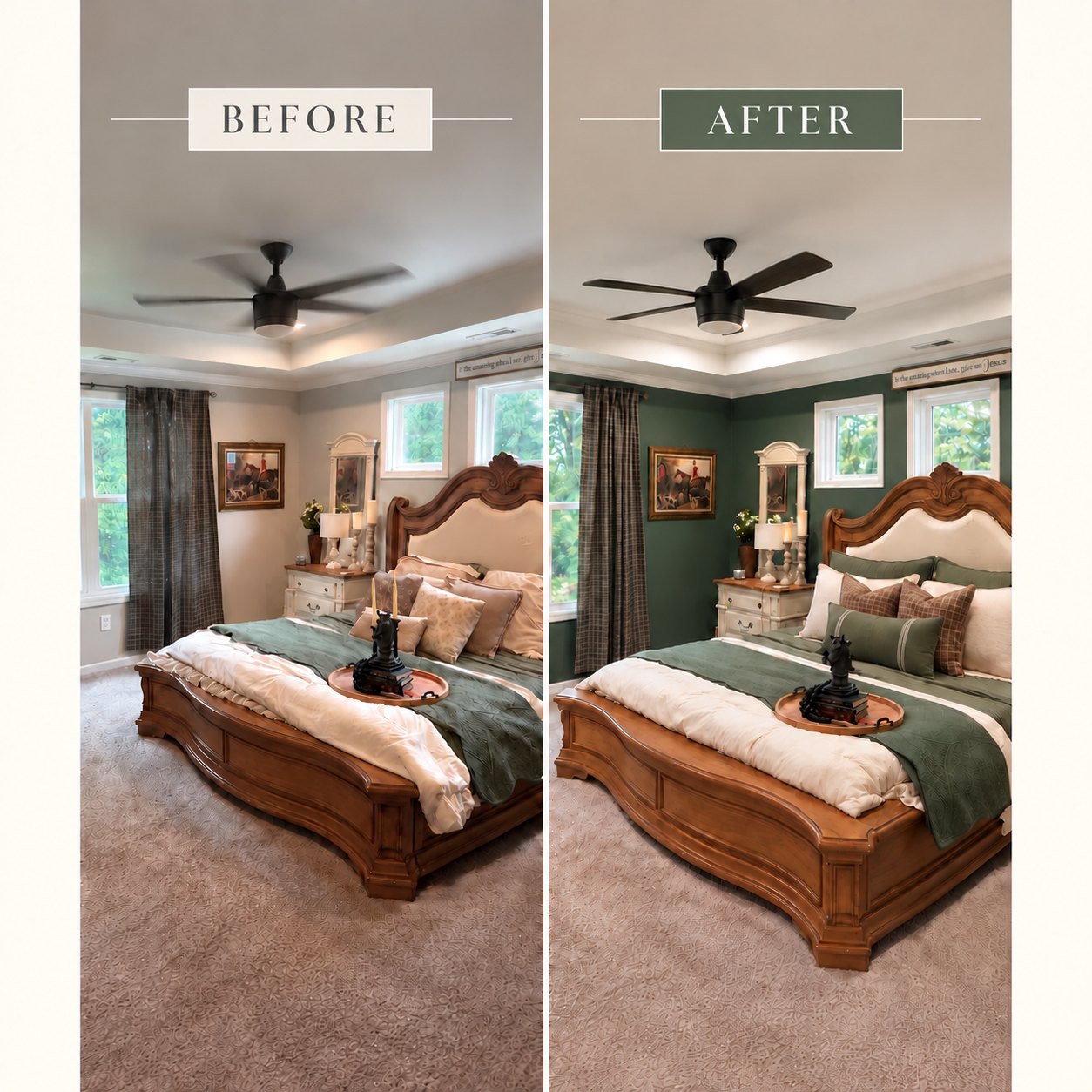 Before and after of a primary bedroom: gray walls repainted deep green