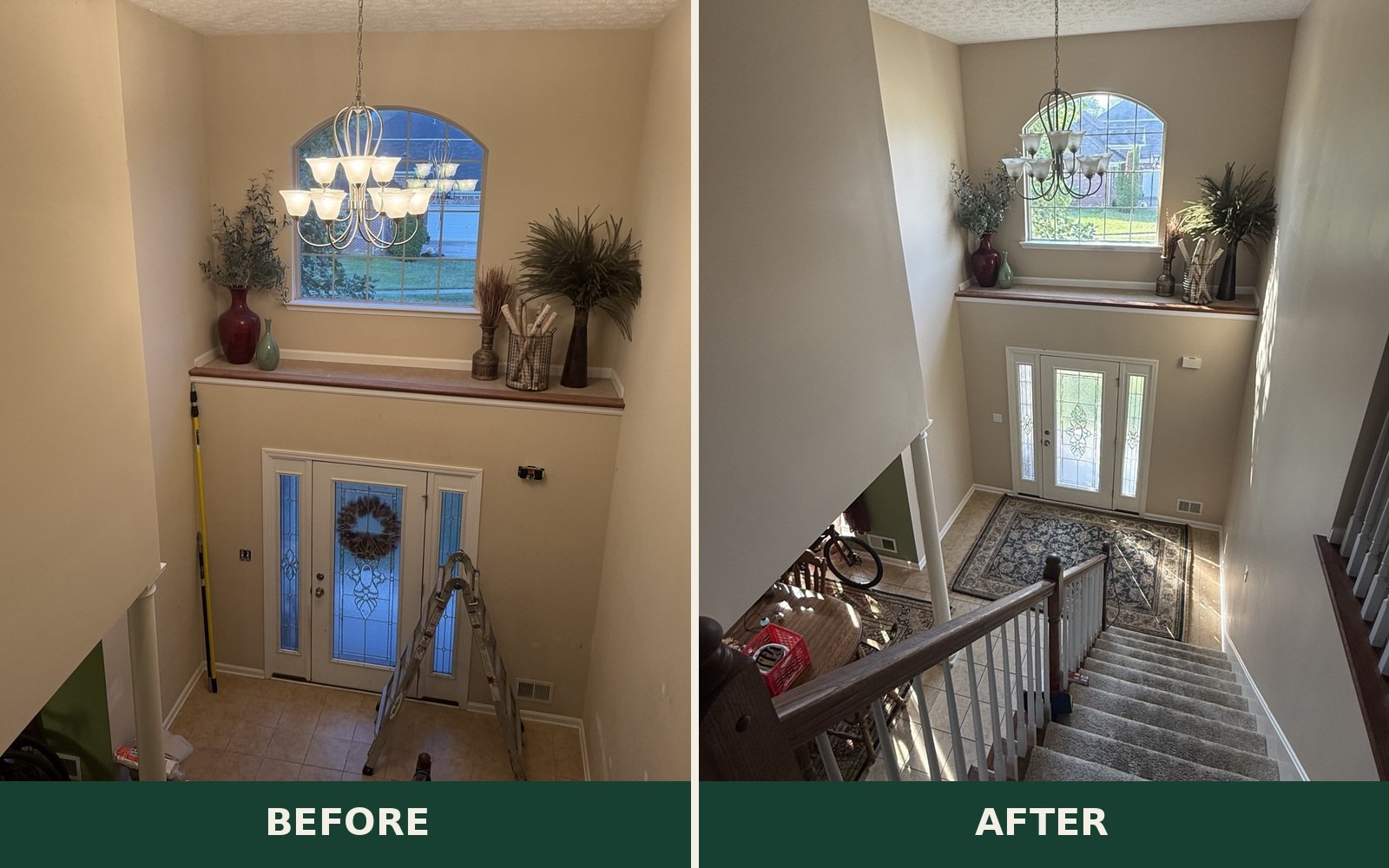 Before and after of a two-story entry with a clean, repainted finish on tall walls
