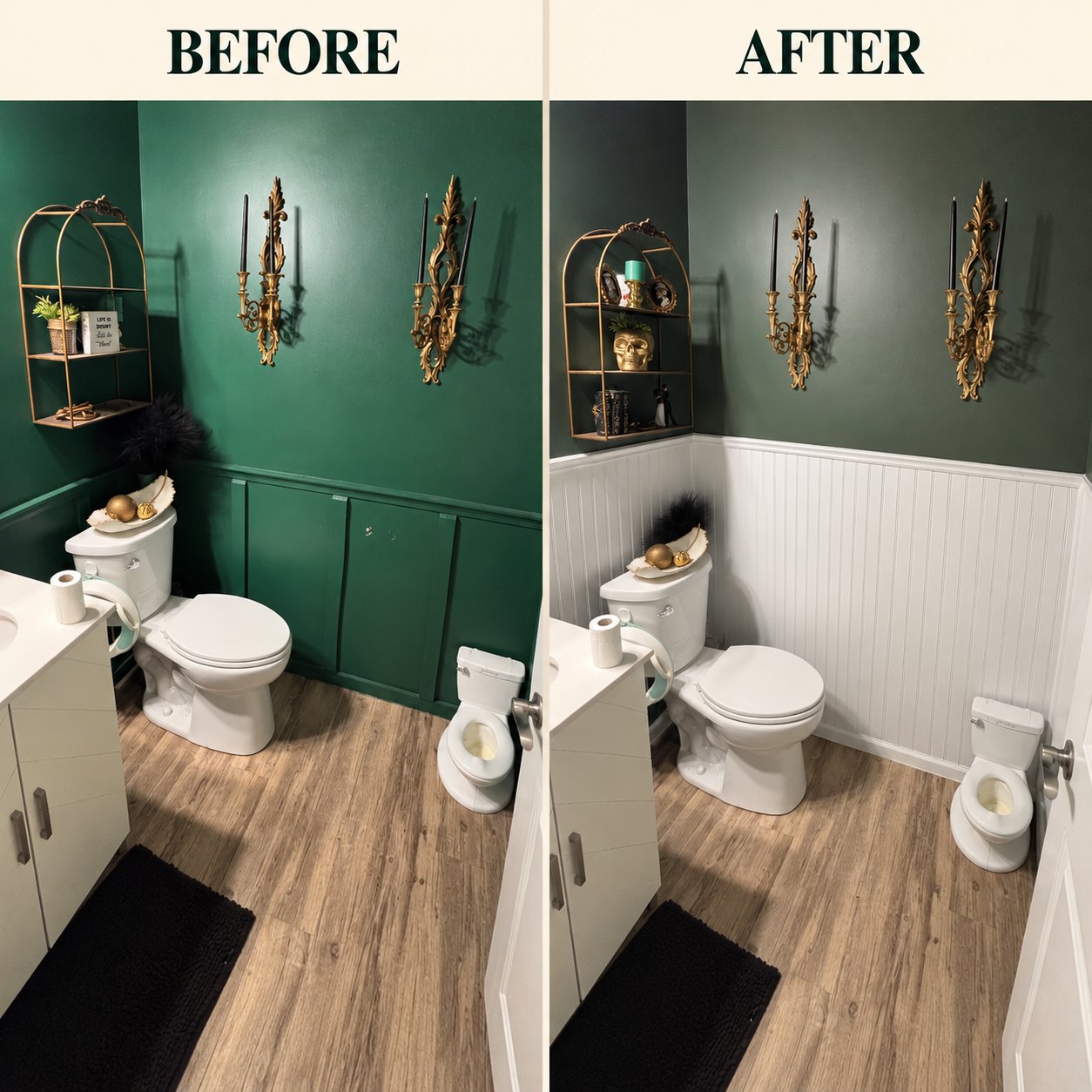 Before and after of a powder room: bright green walls repainted a deep green above new white beadboard wainscot
