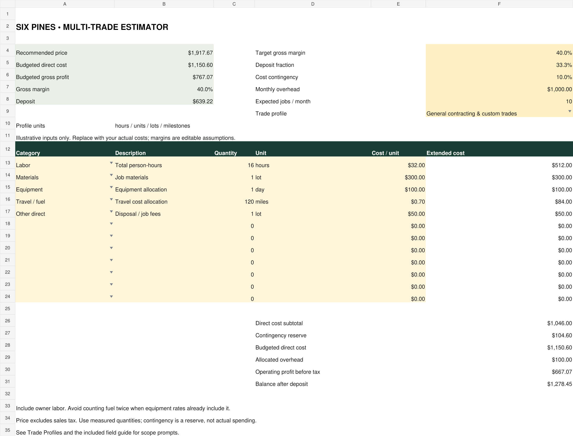 Multi-Trade Estimator workbook preview